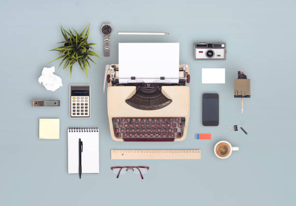 retro items office desk Top view retro items office desk header typewriter writing retro revival work tool stock pictures, royalty-free photos & images