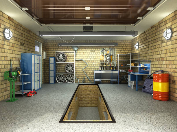 istock Front View of a ampty Garage 3D Interior with Opened Roller Door 3D Rendering 860807882