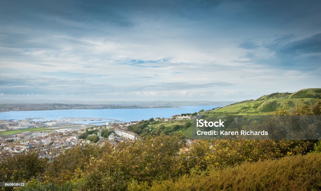 Portland, Isle Of Portland, Dorset, Uk, 2017. Panoramic View Of Chesil Beach And The Town Of Fortuneswell, Isle Of Portland,Dorset,UK. Aerial View Stock Photo