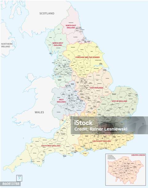 Ilustración de Mapa Administrativo De Inglaterra y más Vectores Libres de Derechos de Mapa - Mapa, Reino Unido, Inglaterra