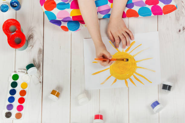istock Child hand with brushes drawing yellow sun. 860816888