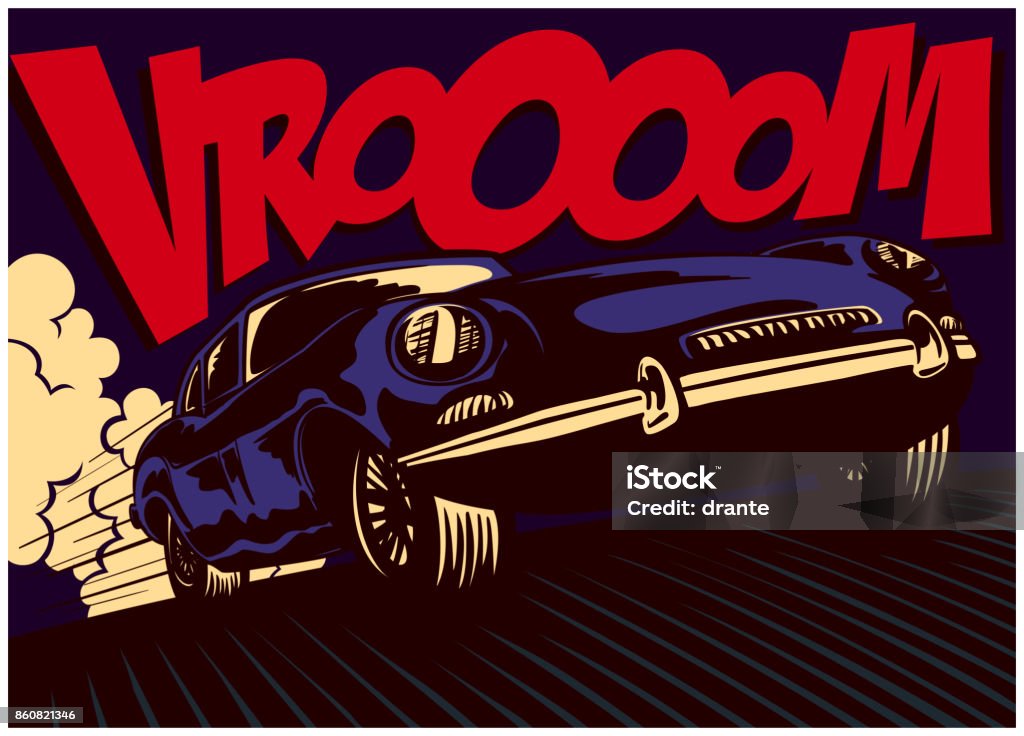 Pop art comic book style fast car at full speed vector illustration Pop art comics style fast car driving at full speed with vrooom onomatopoeia vector illustration Car stock vector