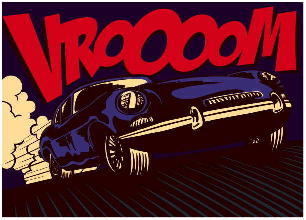 Pop art comic book style fast car at full speed vector illustration Pop art comics style fast car driving at full speed with vrooom onomatopoeia vector illustration turbo stock illustrations