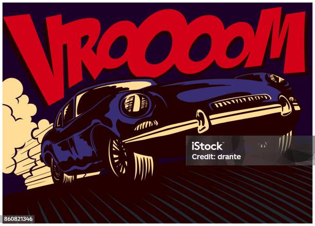 Pop Art Comic Book Style Fast Car At Full Speed Vector Illustration Stock Illustration - Download Image Now