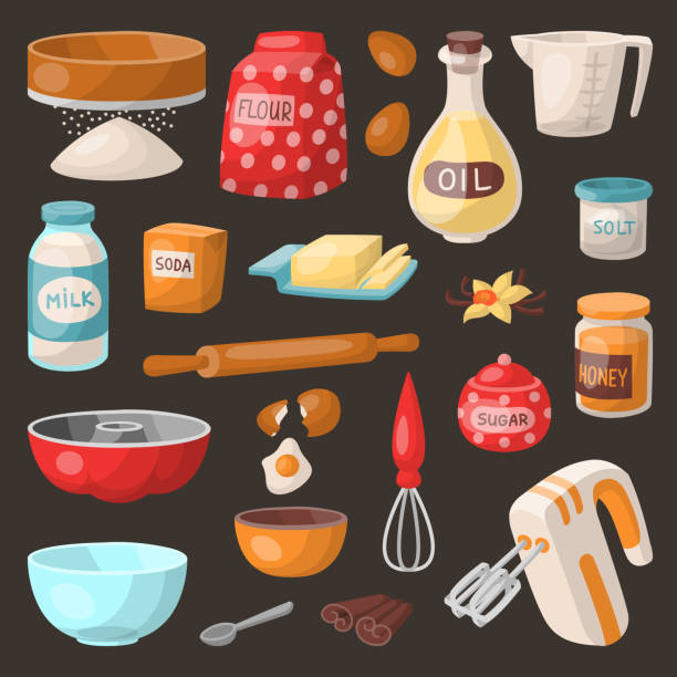 Baking pastry prepare cooking ingredients kitchen utensils homemade food preparation baker vector illustration Baking pastry prepare cooking ingredients kitchen utensils homemade food preparation baker vector illustration. Traditional cake recipe dessert culinary tools. egg beater stock illustrations