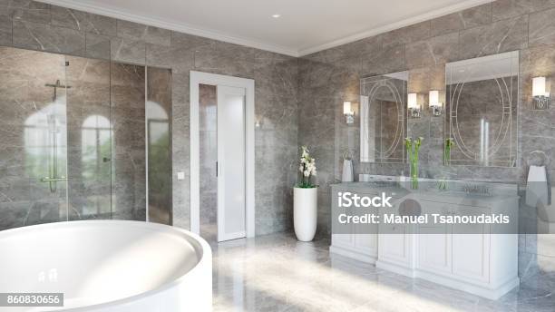 Luxury Ensuite For Master Bedroom Stock Photo - Download Image Now - Porcelain, Vanity Mirror, Flower Pot