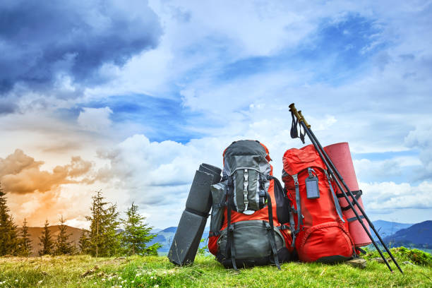 istock Backpacks in the mountains overlooking the mountains on the green grass. 860836540