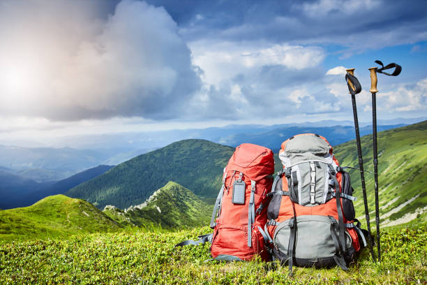 istock Backpacks in the mountains overlooking the mountains on the green grass. 860836892