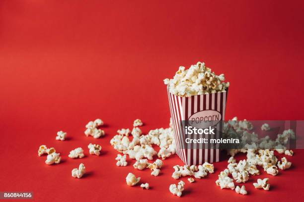 Striped Box With Popcorn Stock Photo - Download Image Now - Popcorn, Film Industry, Movie