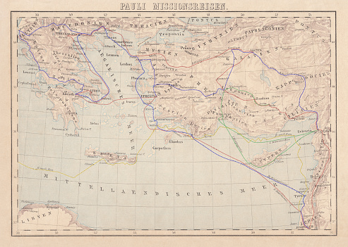 Apostle Paul's Missionary Journeys: 1st (green); 2nd (red); 3rd (blue); last to Rome (yellow). Lithograph, published in 1886.