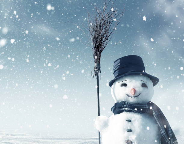 istock Happy snowman standing in winter christmas landscape 860845320