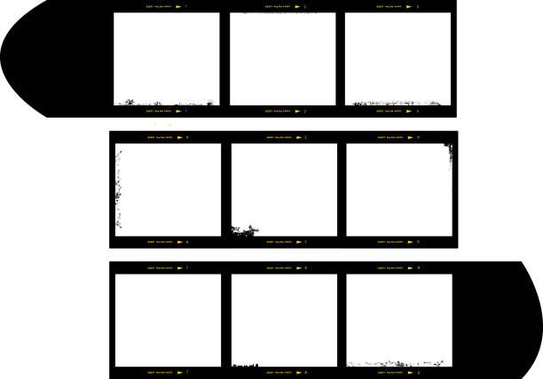 medium format film strip picture frames medium format film strip picture frames,with free copy space, slightly grungy vector camera film photos stock illustrations