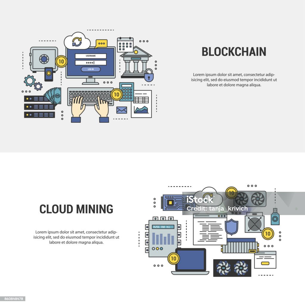 Set blockchain and mining banners Set blockchain and mining concept banners flat design line art. Set of icons of banking and payment by bitcoins, devices for mining of crypto currency. For web site, application and print Banking stock vector