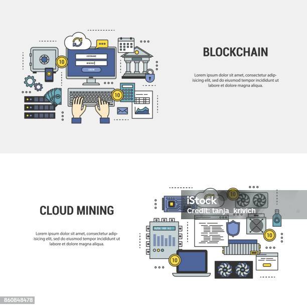 Set Blockchain And Mining Banners Stock Illustration - Download Image Now - Banking, Banner - Sign, Binary Code