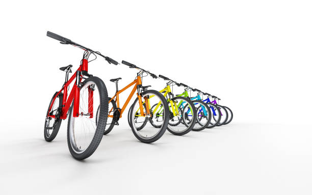 Many colorful bikes standing in a row isolated on white background. 3d illustration