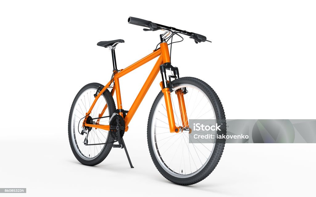 Orange sport bike looks to the right isolated on white background. Sport concept. 3d illustration Orange sport bike looks to the right isolated on white background. 3d illustration Bicycle Stock Photo