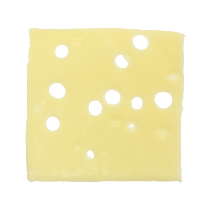 A single slice of low sodium Swiss cheese isolated on a white background.