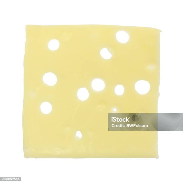 Single Slice Of Low Sodium Swiss Cheese Stock Photo - Download Image Now - Slice of Food, Swiss Cheese, Square - Composition