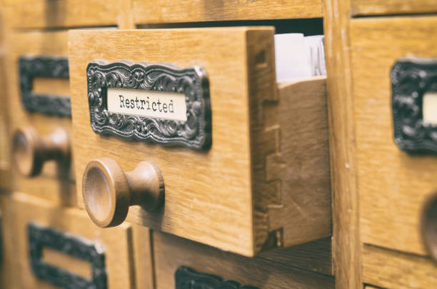 istock Old wooden archive files catalog drawer, Restricted files 860861050