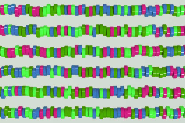 Pattern of blue, red and green cylinder tablets on white background. Plastic pucks. Abstract background. 3D rendering illustration.