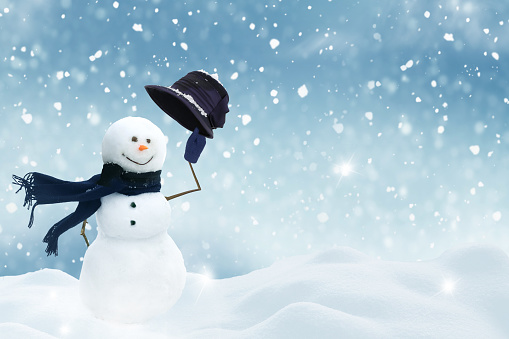 Merry christmas and happy new year greeting card with copy-space.Happy snowman standing in winter christmas landscape.Snow background