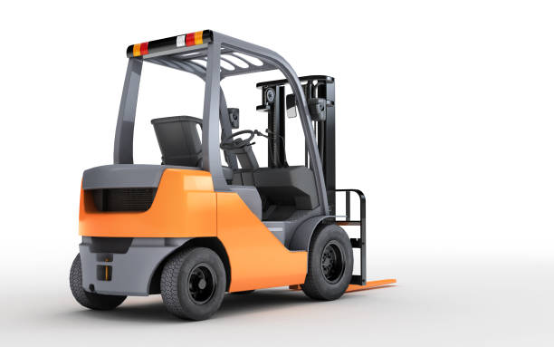 istock 3d rendering forklift truck isolated on white background. Rear view. Look to the right 860866088