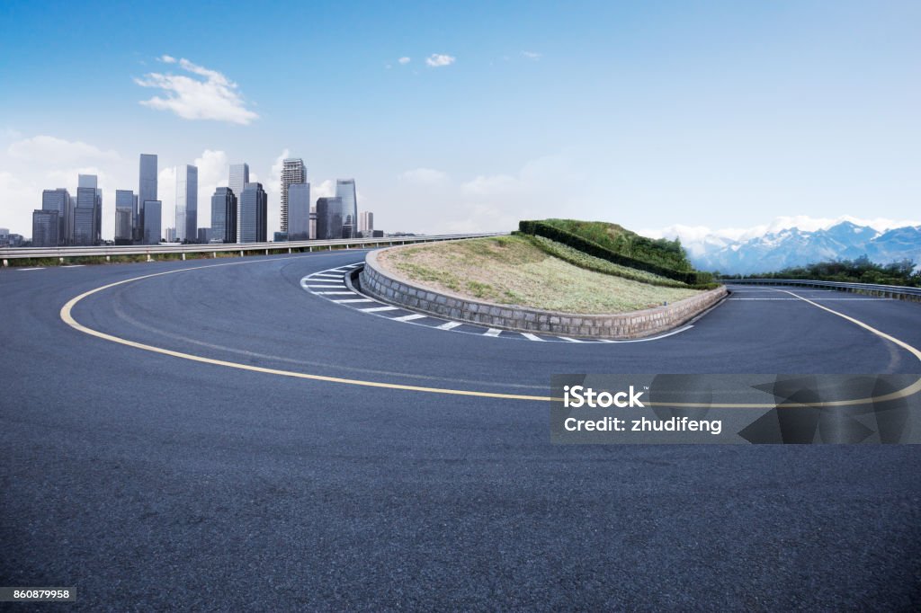 Empty Turn In Empty Asphalt Sharp Turn With Modern City Stock Photo - Download Image ...