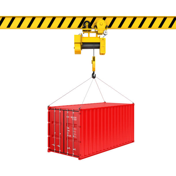 Sea container lifted with crane hooks. 3d rendering. isolated on white background