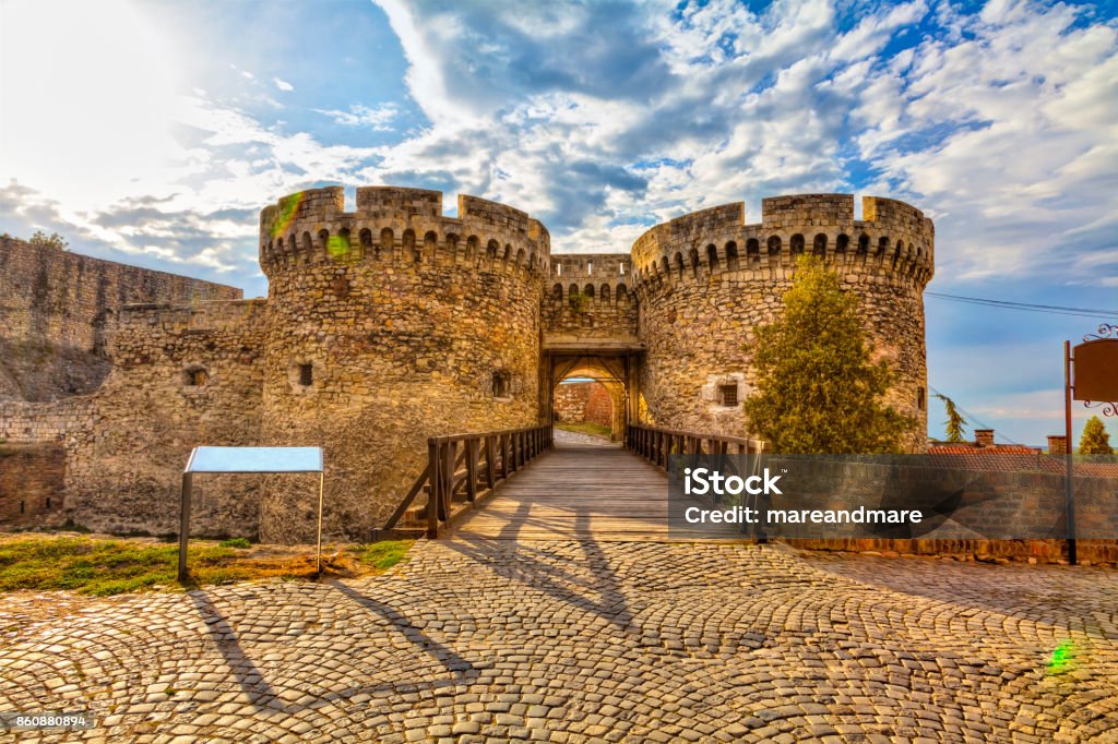 two towers and a bridge Wooden bridge, two towers and Kalemegdan walls, HDR image. Belgrade - Serbia Stock Photo