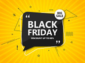 Black Friday sale, shopping poster. Seasonal discount banner - black speech bubble on radial yellow background.