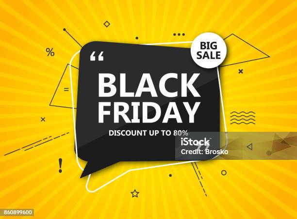 Black Friday Sale Shopping Poster Seasonal Discount Banner Black Speech Bubble On Radial Yellow Background Stock Illustration - Download Image Now