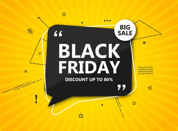 Vector illustration of Black Friday sale, shopping poster. Seasonal discount banner - black speech bubble on radial yellow background.