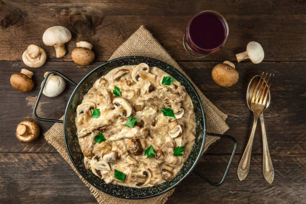 istock Mushroom beef stroganoff with red wine on rustic textures 860900114