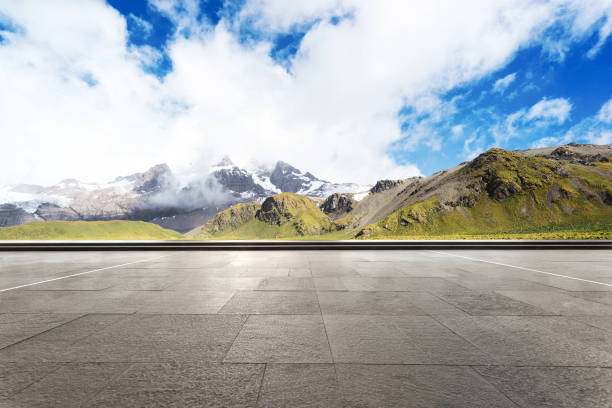 istock empty marble floor with beautiful snow mountains 860901374