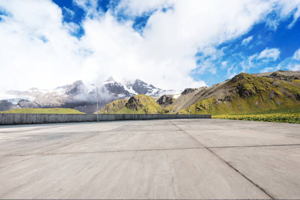 istock empty marble floor with beautiful snow mountains 860904378