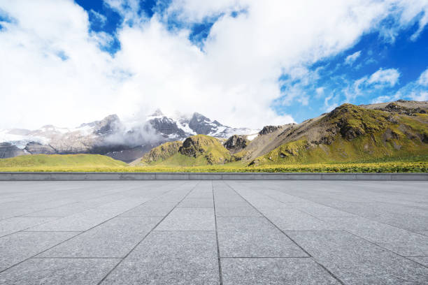 istock empty marble floor with beautiful snow mountains 860905000