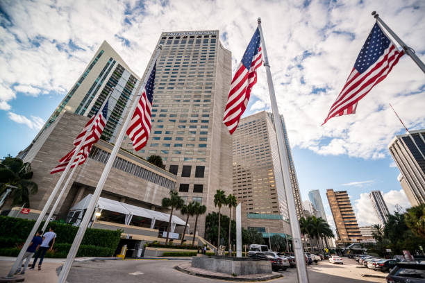 Miami, USA - December 22, 2016: InterContinental Hotel in Miami downtown, some people on the street