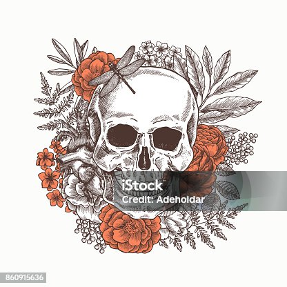 istock Floral human skull. Tattoo anatomy vintage illustration. Vector illustration 860915636