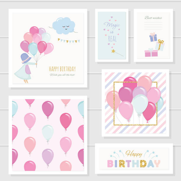 ilustraciones, imágenes clip art, dibujos animados e iconos de stock de tarjetas de cumpleaños linda para niñas con elementos de brillo. incluye patrones sin fisuras con globos de colores. acuarela. - vector birthday teenage girls little girls