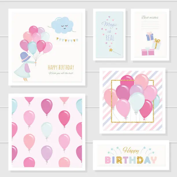 Vector illustration of Cute birthday cards for girls with glitter elements. Included seamless pattern with colorful balloons. Watercolor.