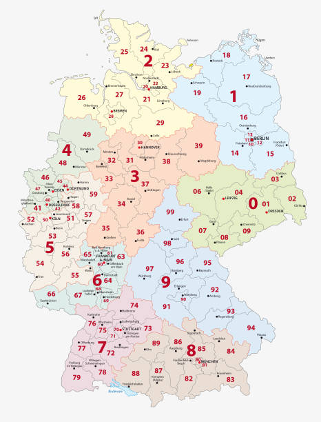 Germany 2-digit postcodes map Germany 2-digit postcodes, zip vector map germany map regions stock illustrations