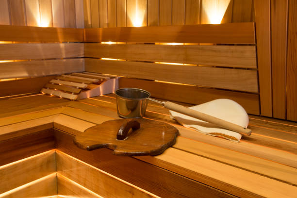 istock accessories for sauna lie on  wooden bench 860927322