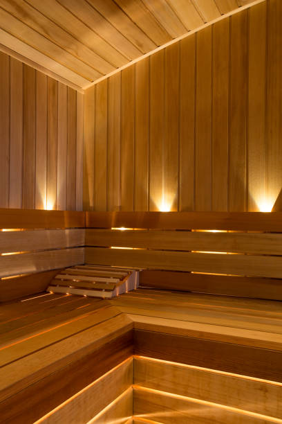 istock angle of  wooden sauna with white lighting 860927332