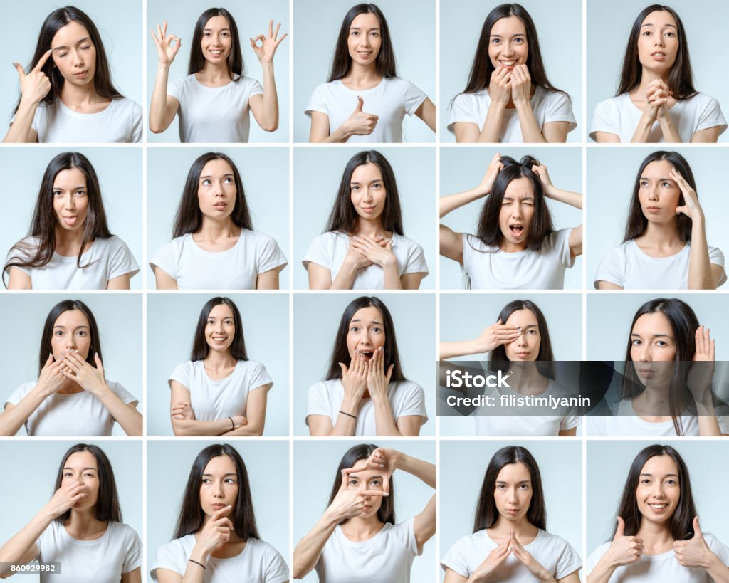 Collage of beautiful girl with different facial expressions isolated Multiple Image Stock Photo