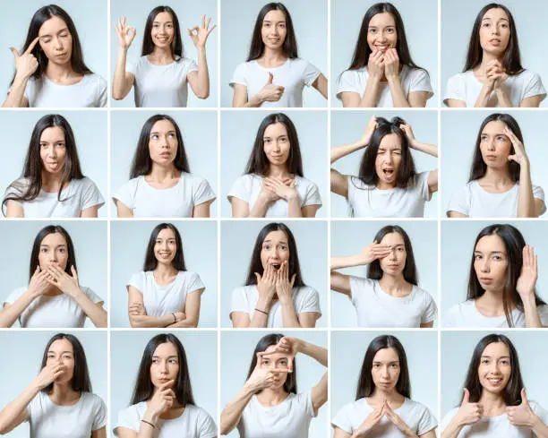 Photo of Collage of beautiful girl with different facial expressions isolated