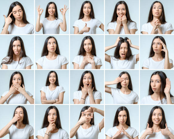 collage of beautiful girl with different facial expressions isolated - expressão facial imagens e fotografias de stock