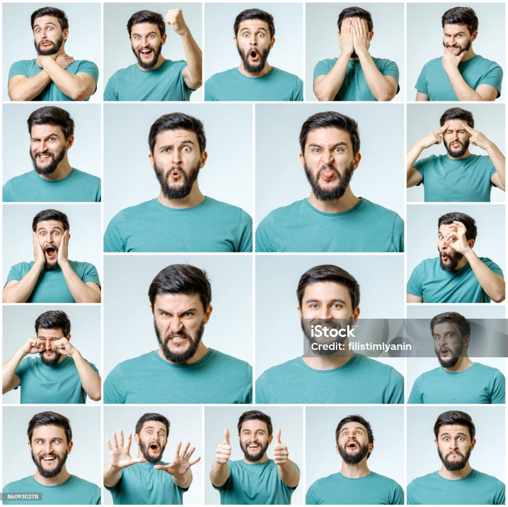 Set of young man's portraits with different emotions and gestures isolated Facial Expression Stock Photo