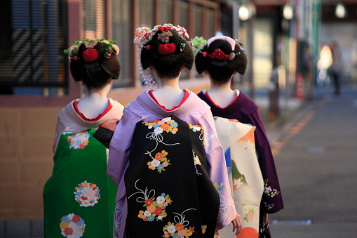 Hanamikoji, Kyoto City, Japan - Oct 6, 2010: The backview of three geishas, who were going for their appointment at dusk in Kyoto, Japan.