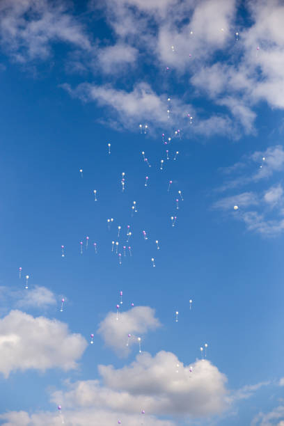 istock Pink and White Balloons with Postcards Flying in Sky 860940700