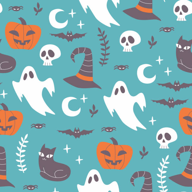 illustrations, cliparts, dessins animés et icônes de dessinés à la main halloween seamless pattern. - animal skull skull halloween backgrounds
